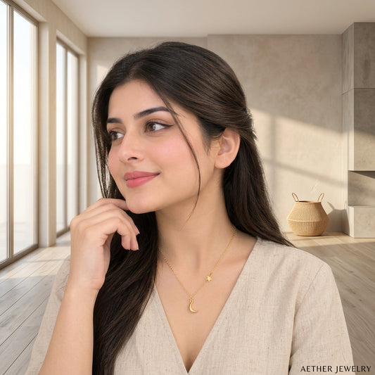 Gold Crescent Moon and Star Necklace for Women