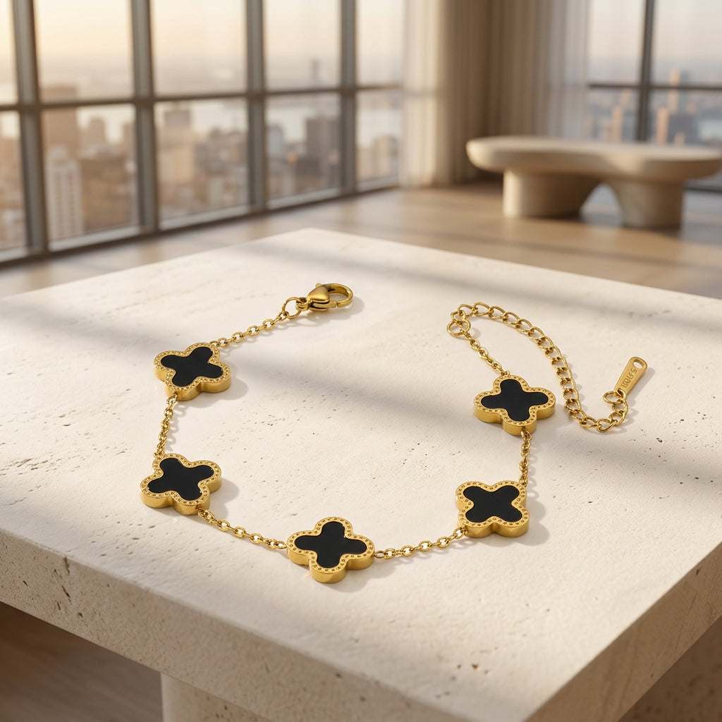 Gold Black Clover Bracelet for Women