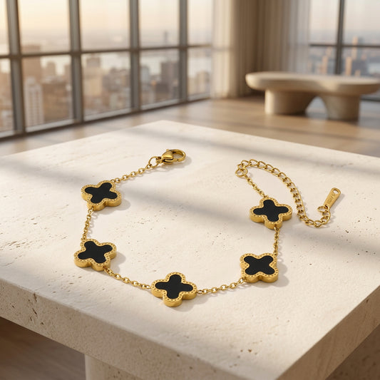 Gold Black Clover Bracelet for Women