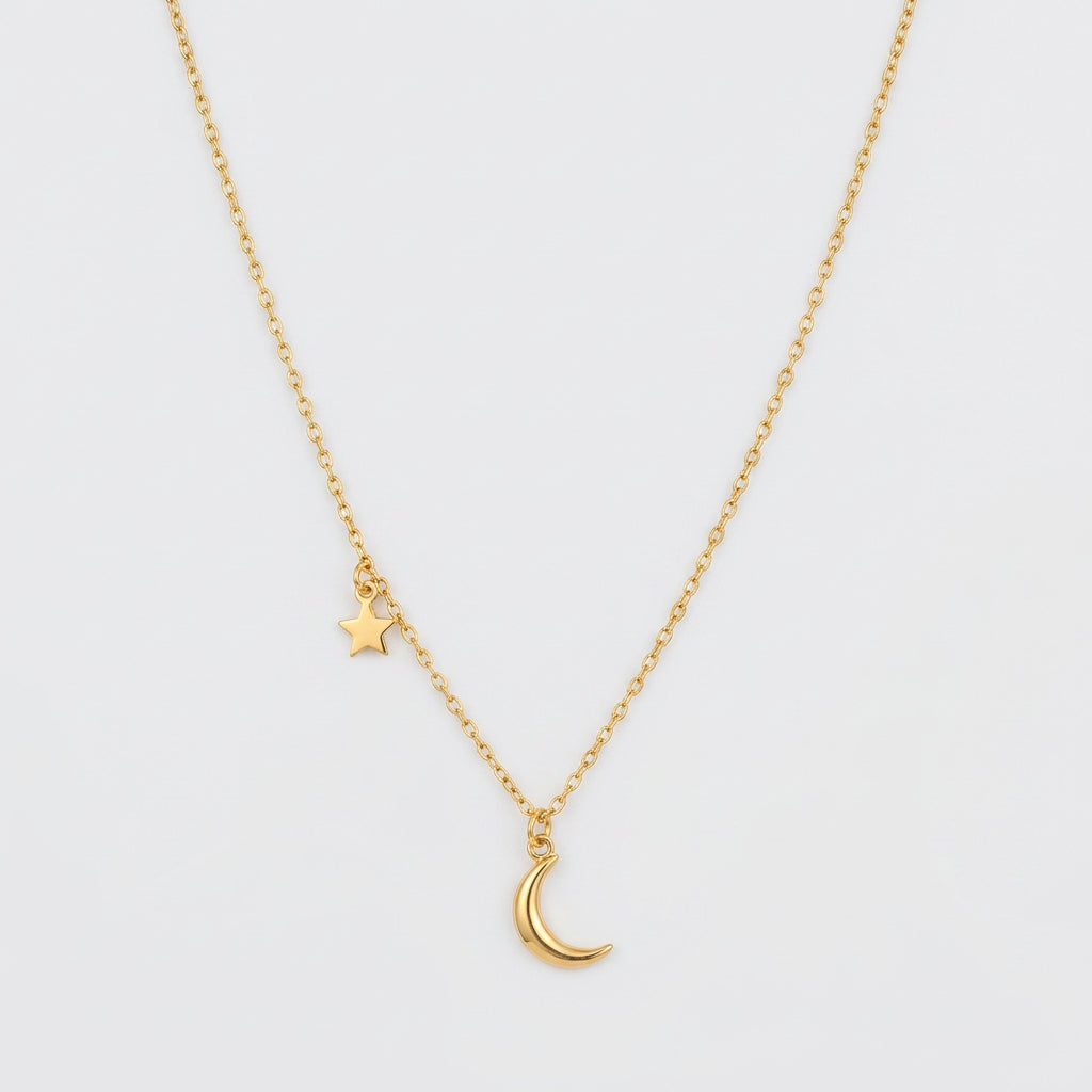 Gold Crescent Moon and Star Necklace for Women