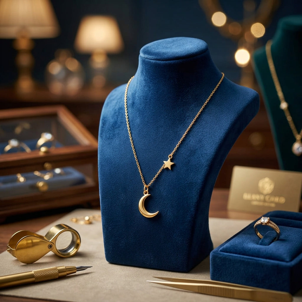 Gold Crescent Moon and Star Necklace for Women
